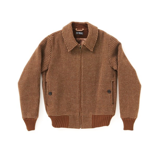 Bomber jakke uld tegl med grn og beige prik